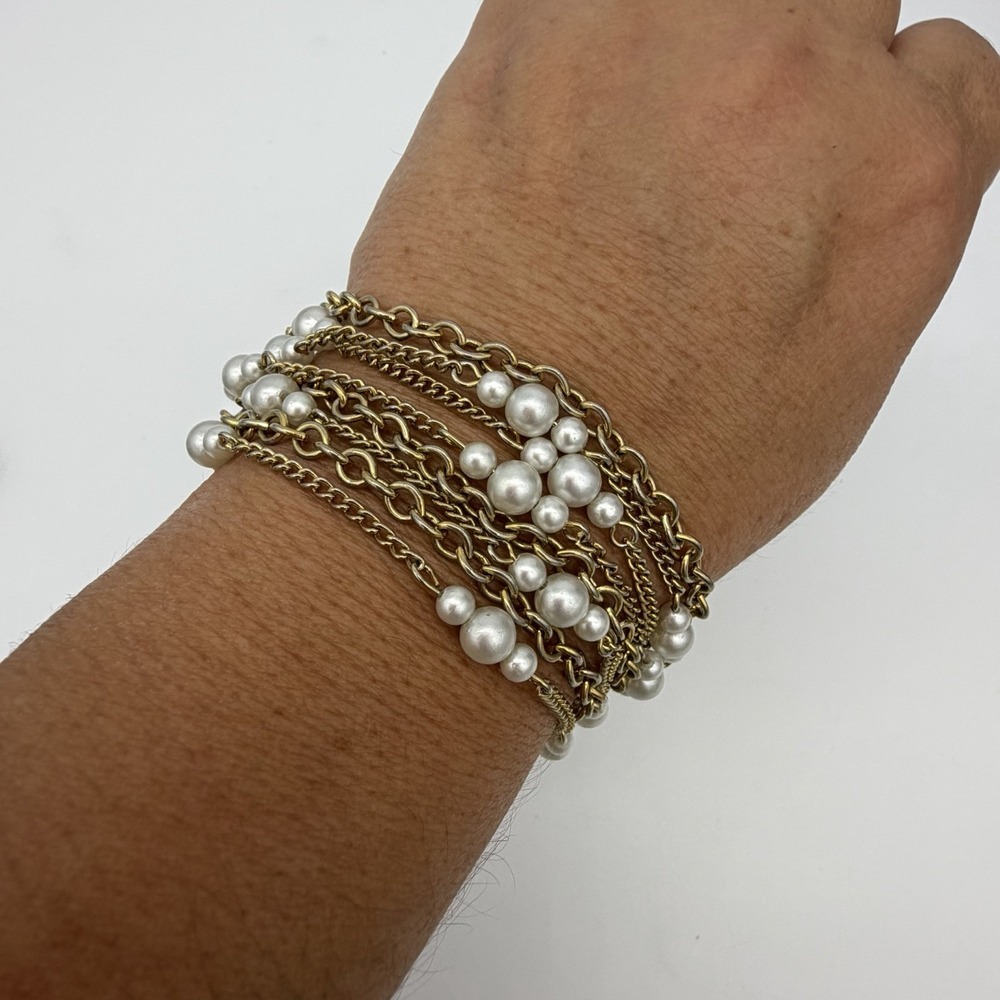 Vtg‎ Multi Chain Bracelet Gold Tone Faux Pearls 70s Ornate Clasp Sz 7.5 Read